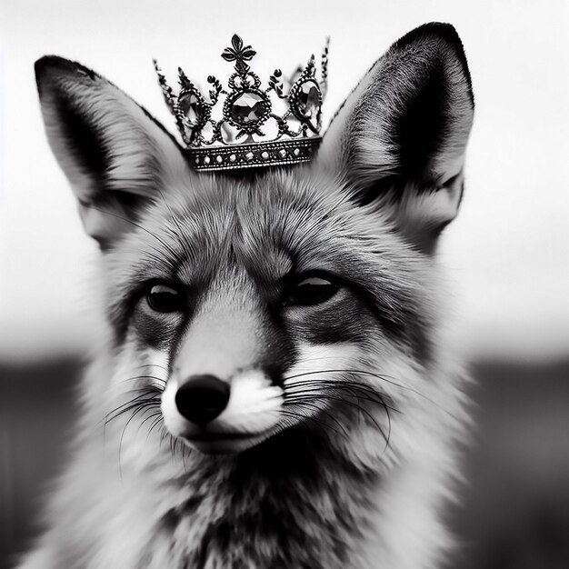 Une photo en noir et blanc d'un renard avec une couronne sur la tête.