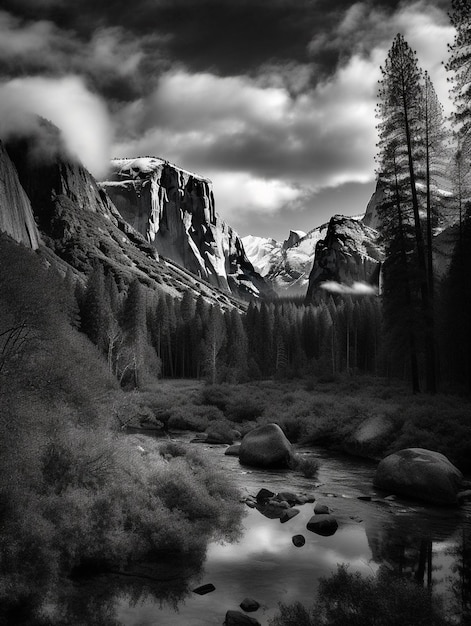 Une photo en noir et blanc d'une rivière avec des montagnes en arrière-plan.