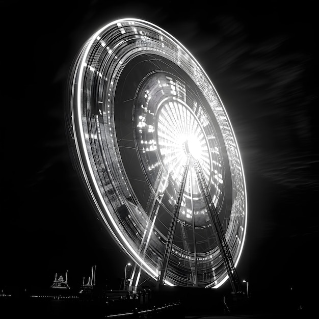 Une photo en noir et blanc d'une roue de ferris la nuit