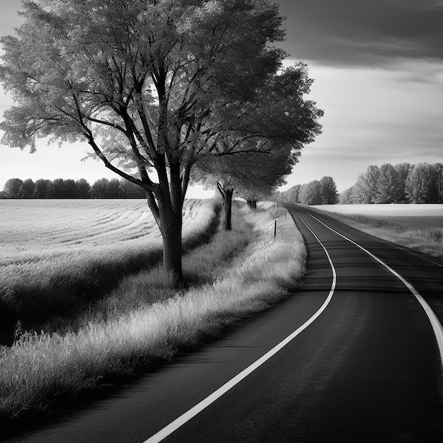 Une photo en noir et blanc d'une route avec un arbre sur le côté gauche.