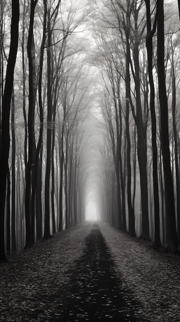 une photo en noir et blanc d'une route dans les bois