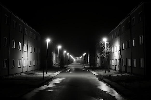 une photo en noir et blanc d'une rue vide la nuit