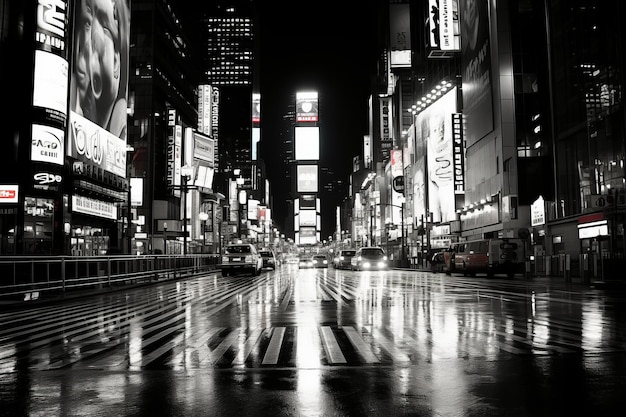 une photo en noir et blanc d'une rue de la ville la nuit