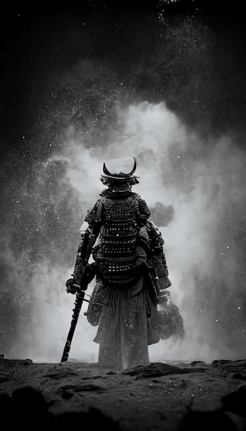 Photo en noir et blanc d'un samouraï avec une épée Generative Ai