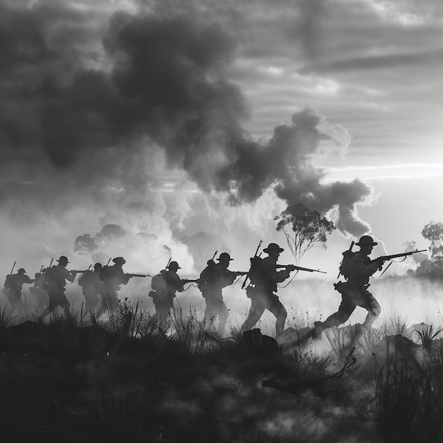 Photo une photo en noir et blanc de soldats avec des armes à feu et de la fumée en arrière-plan