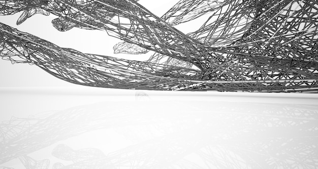 Une photo en noir et blanc d'une structure avec une structure en fil de fer au centre.