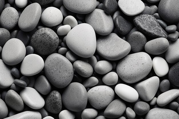 Une photo en noir et blanc d'un tas de pierres et de cailloux