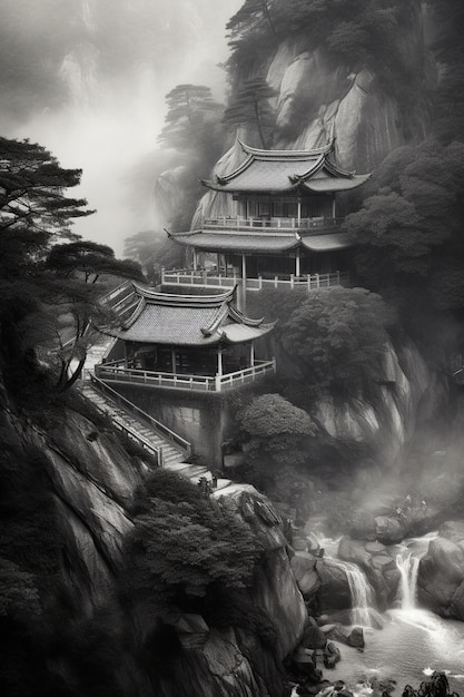 Une photo en noir et blanc d'un temple avec une cascade en arrière-plan.