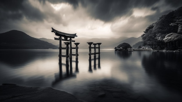 Une photo en noir et blanc d'un torii dans un lac avec un ciel nuageux.