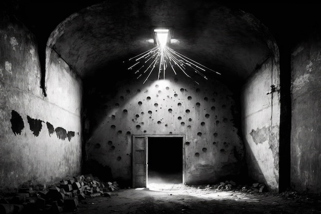 Photo en noir et blanc d'un tunnel de bunker en béton de la Seconde Guerre mondiale avec des ampoules rouillées de stalactites