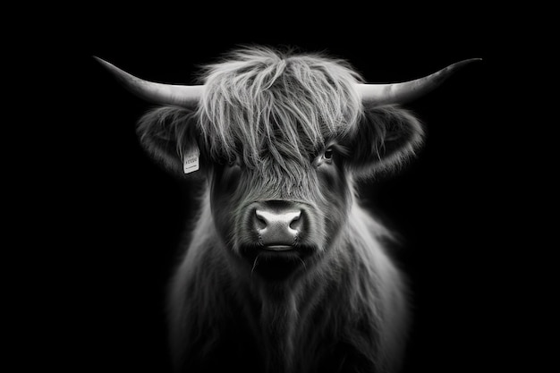 Une photo en noir et blanc d'une vache highland avec une étiquette sur son oreille.