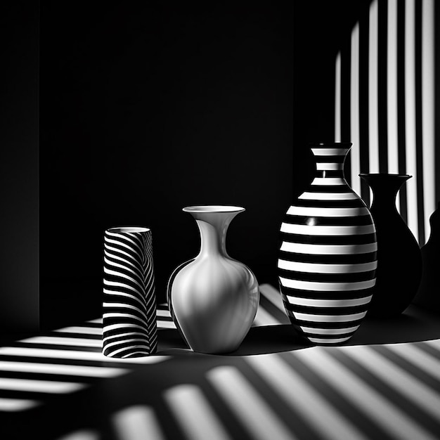 Photo une photo en noir et blanc de vases rayés.
