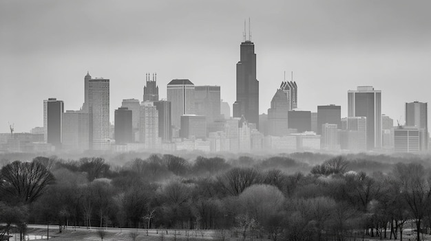 Une photo en noir et blanc d'une ville avec la ligne d'horizon de Chicago en arrière-plan.