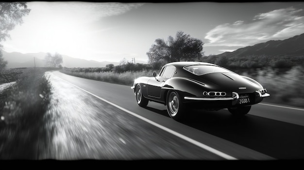 Une photo en noir et blanc d'une voiture sur une route.