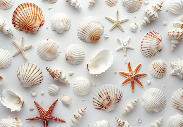 Photo de nombreux coquillages sur une surface blanche et un fond de motif