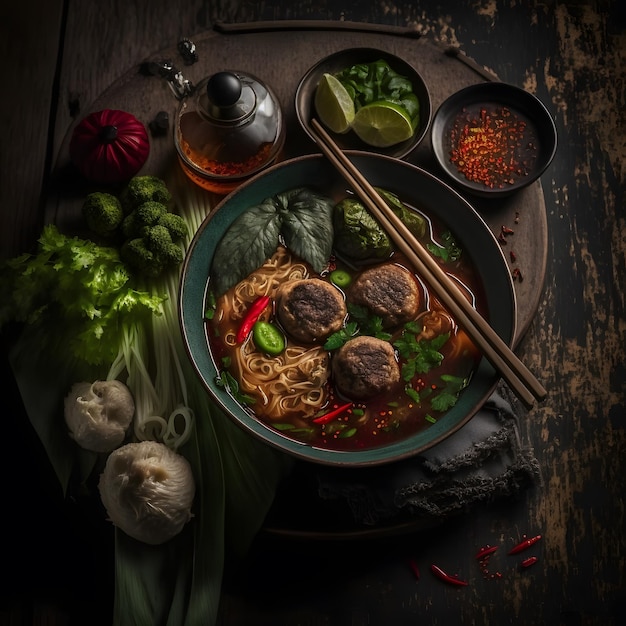photo nouilles au porc et boulettes de porc, pâte de piment avec soupe à la thaïlandaise et légumes. nouille de bateau