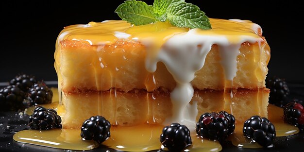 Photo de nourriture à l'eau à la bouche pudding au caramel de couleur dorée recouvert de miel et de sirop