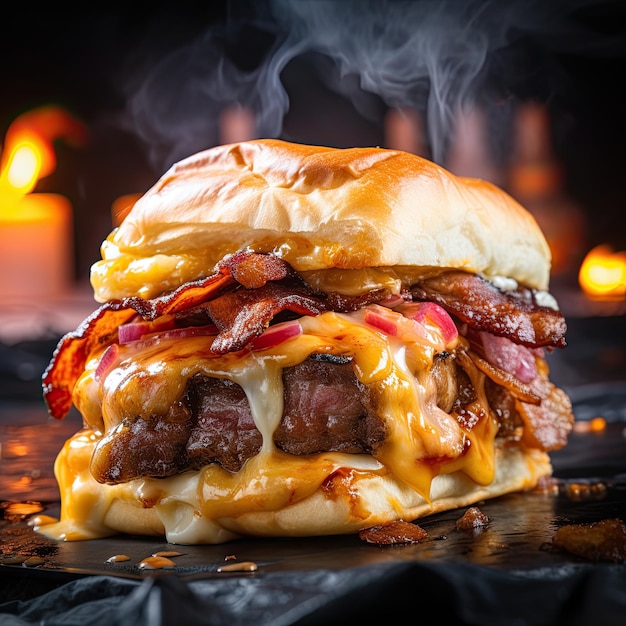 Photo de nourriture sombre d'un savoureux burguer avec des oignons au fromage et du bacon