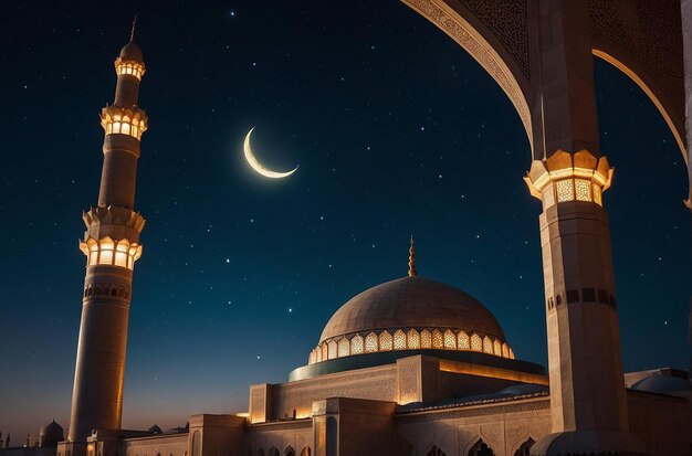 Une photo de nuit d'une mosquée avec un croissant de lune, des étoiles et des arches éclairées