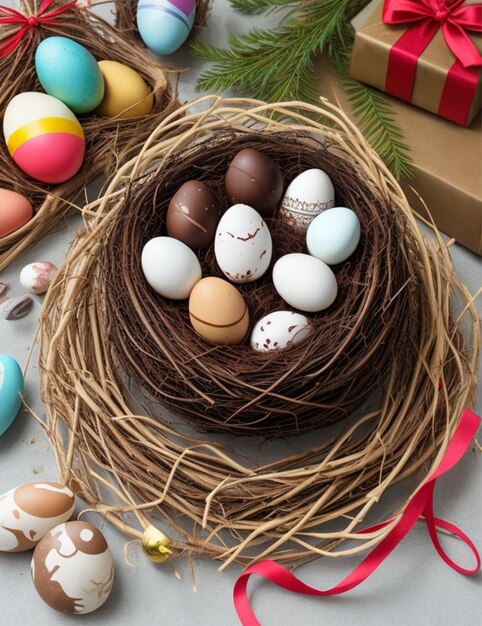 photo d'œufs au chocolat avec des cadeaux sur un fond rose