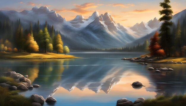une photo d'une œuvre d'art d'un lac de montagne avec une montagne derrière les scènes