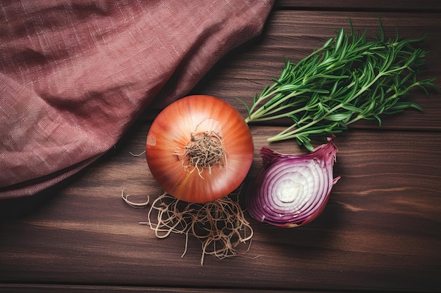 Une photo d'oignon sur une table de cuisine.