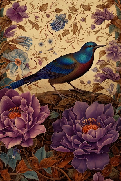 une photo d'un oiseau en bleu perché sur une branche et entouré de fleurs en violet