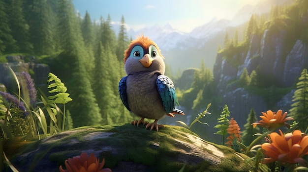 Une photo d'un oiseau de personnage 3D observant dans une montagne