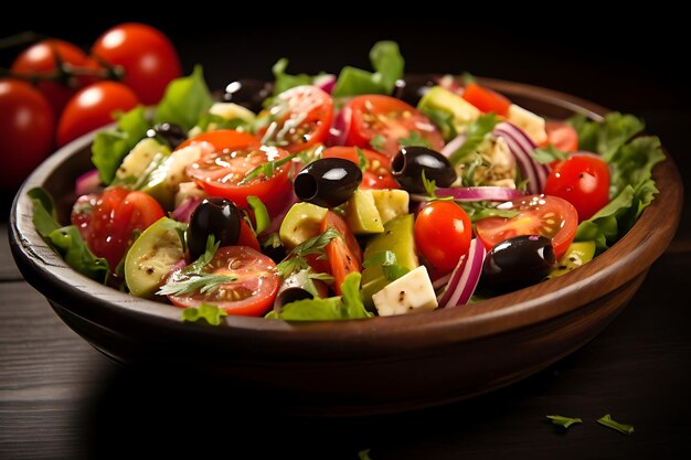 Photo d'olives et de tomates sur une salade méditerranéenne