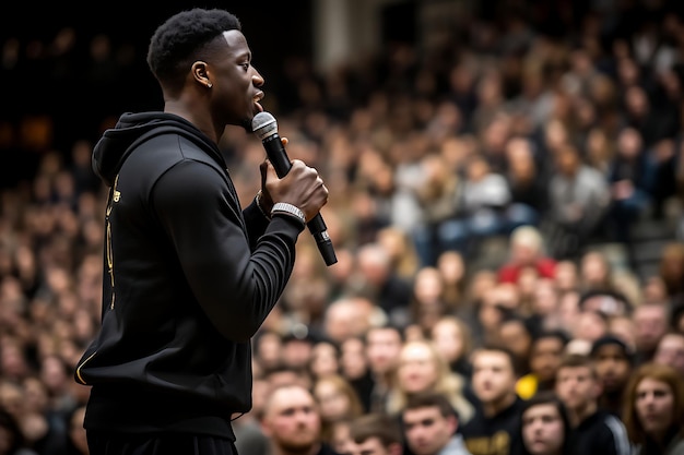 Photo d'un orateur inspirant lors d'une assemblée scolaire