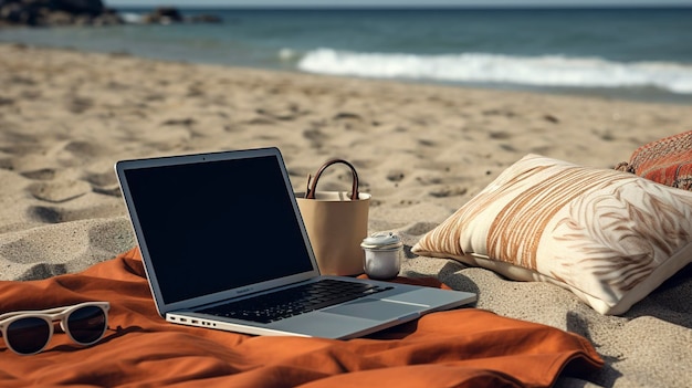 Photo une photo d'un ordinateur portable et d'un téléphone portable sur une plage vide