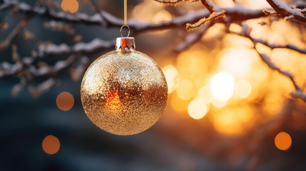 Une photo d'un ornement de Noël étincelant suspendu à une branche d'arbre
