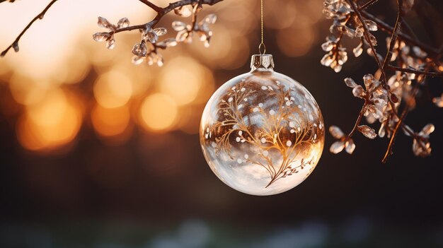 Une photo d'un ornement de Noël étincelant suspendu à une branche d'arbre