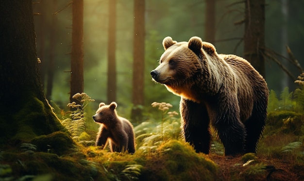 une photo d'un ours et d'un chiot dans les bois