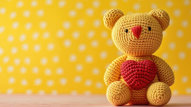 Une photo d'un ours mignon crocheté à fond jaune