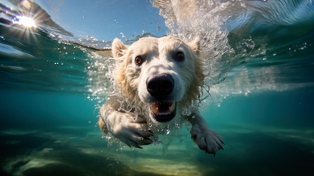 Une photo d'un ours polaire nageant dans une eau cristalline prise depuis l'eau