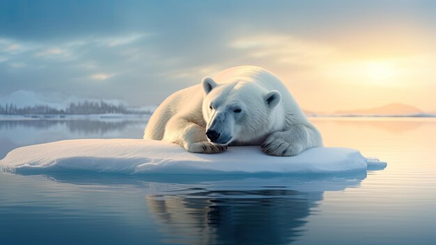 Une photo d'un ours polaire reposant sur un paysage enneigé de glace en arrière-plan