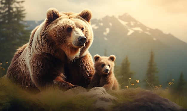 une photo d'un ours et de ses petits dans les montagnes