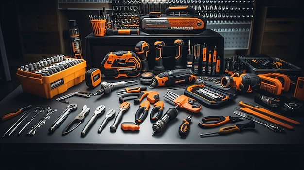 Une photo d'outils de construction bien disposés sur une table