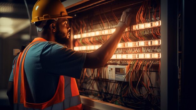 Une photo d'un ouvrier de la construction inspectant l'électricité