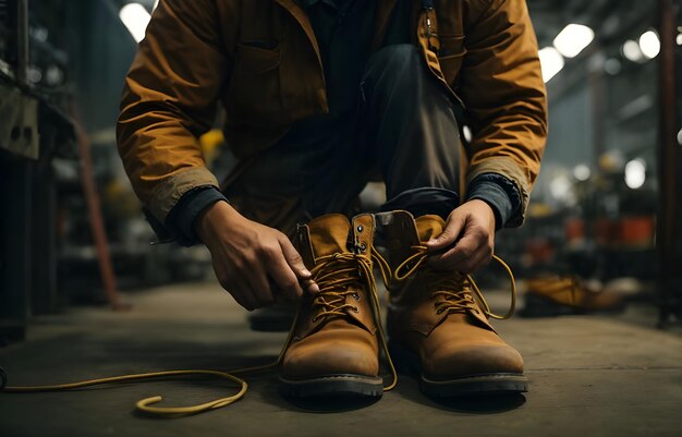 Photo photo d'un ouvrier de l'industrie lourde attachant des lacets à ses chaussures de travail