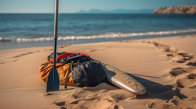 Une photo d'une pagaie de kayak et d'un sac sec sur une plage de sable