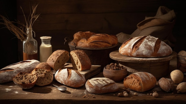 Une photo de pains et de lait sur une table.