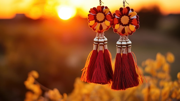 Une photo d'une paire de boucles d'oreilles en tapisserie bohème sur fond