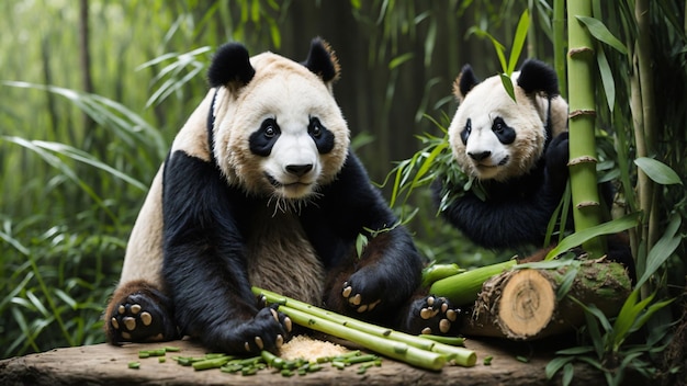 Photo d'un panda mangeant de la canne à sucre dans la forêt