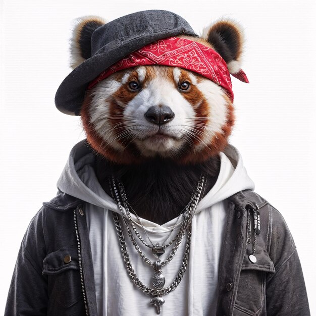 Photo photo d'un panda rouge en tant que membre d'un gang isolé sur un fond blanc