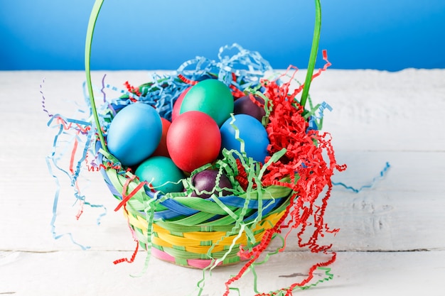 Photo d'un panier avec des oeufs colorés