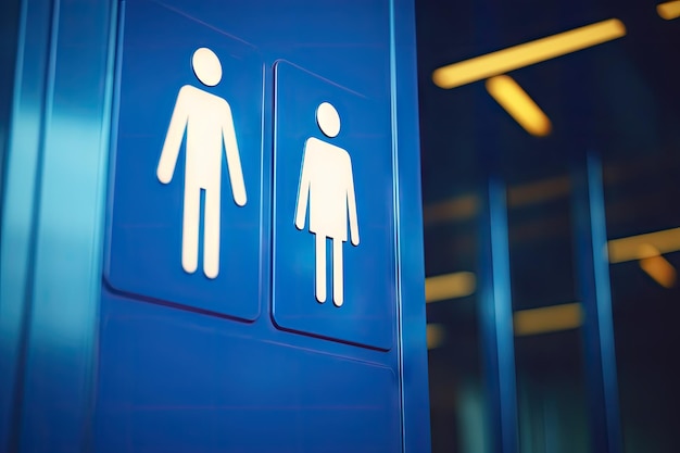 Photo photo d'un panneau d'affichage de toilette publique avec une figure blanche et une flèche sur fond bleu avec bruit ajouté