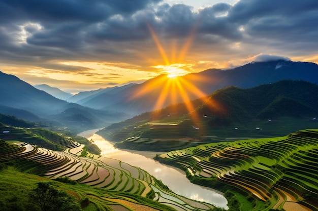 Photo panorama des rizières en terrasses au coucher du soleil à mu cang chai