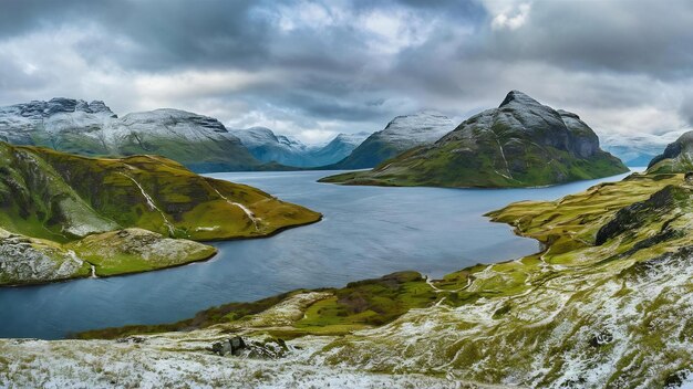 Une photo panoramique de collines herbeuses et de montagnes près de l'eau sous un ciel bleu et nuageux en Norvège